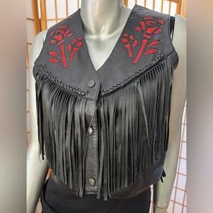 Chic Black Leather Vest with Red Floral Design